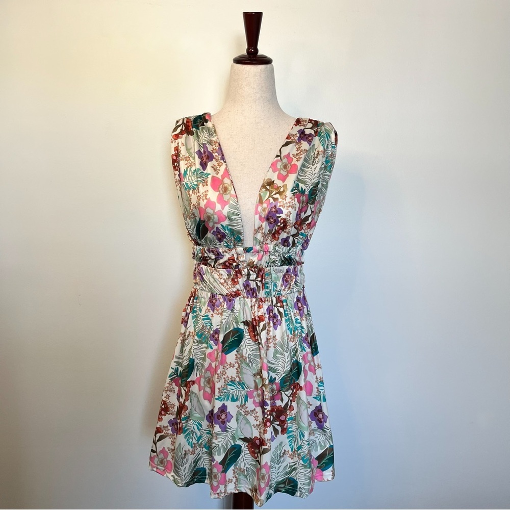 Floral Mini Dress Deep V-Neck Open Back Strappy Multicolor size small